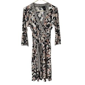 Axcess Womens Dress Size XL Floral Black Tan Long Sleeve Faux Wrap Belted